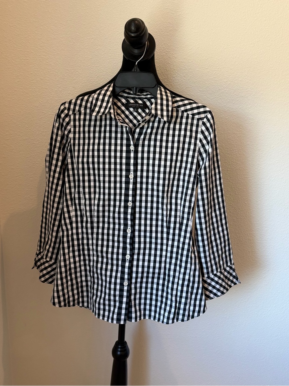 Lafayette 148 Black & White Gingham Button-Down Blouse size 8 women’s